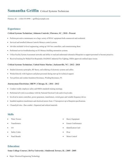 Critical Systems Technician Resume