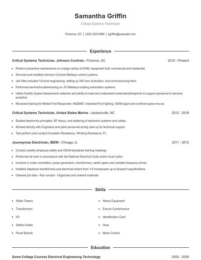 Critical Systems Technician Resume
