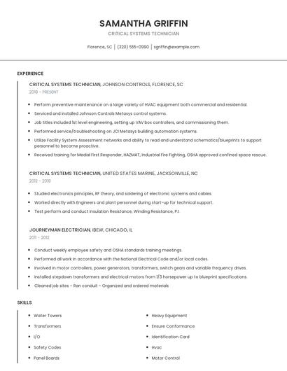 Critical Systems Technician Resume