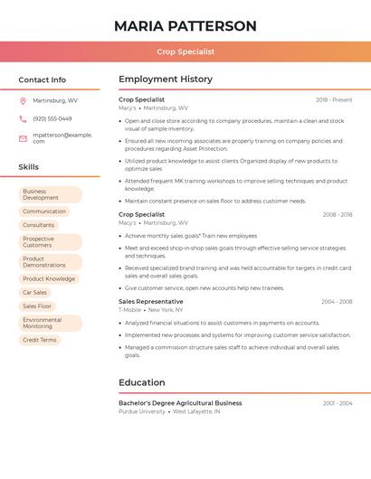 Crop Specialist Resume