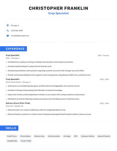 Crop Specialist Resume