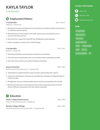 Crop Specialist Resume