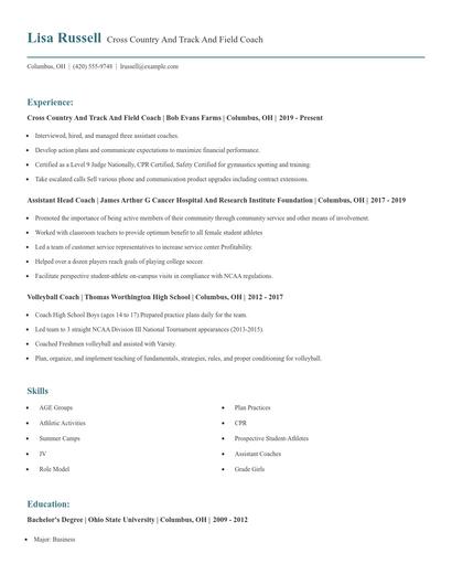 Cross Country And Track And Field Coach Resume