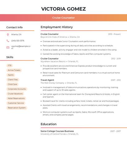 Cruise Counselor Resume