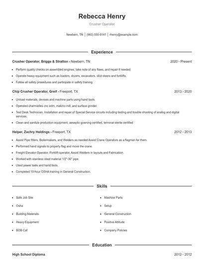 Crusher Operator Resume