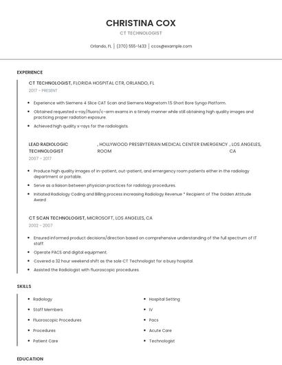 CT Technologist Resume