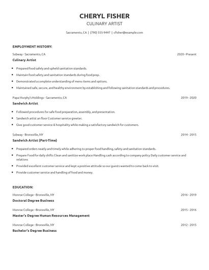 Culinary Artist Resume