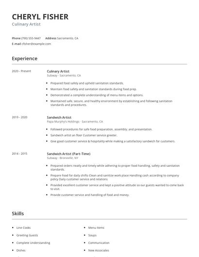Culinary Artist Resume