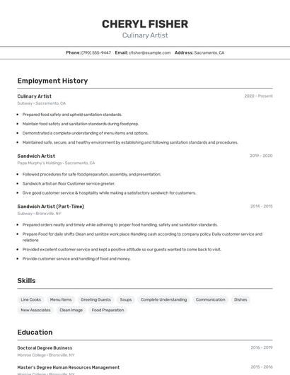 Culinary Artist Resume