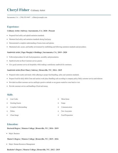Culinary Artist Resume