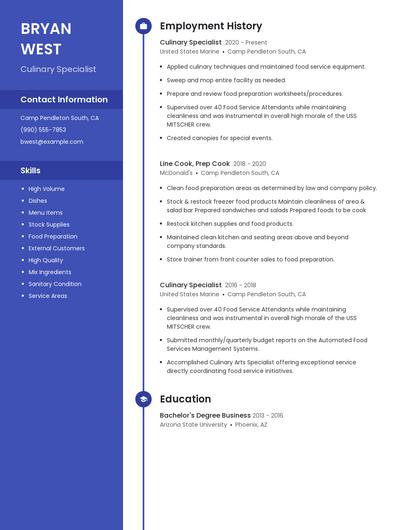Culinary Specialist Resume