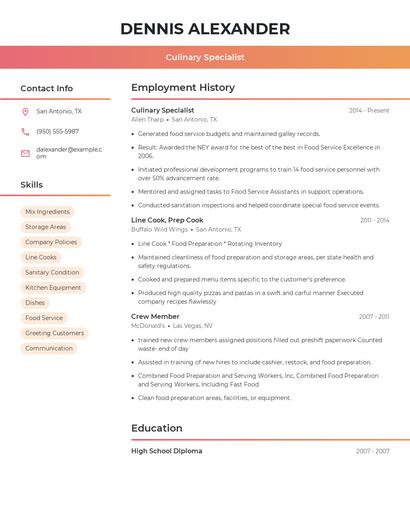 Culinary Specialist Resume