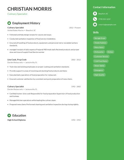 Culinary Specialist Resume