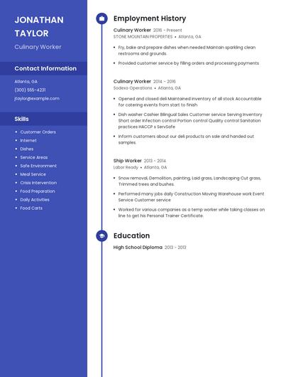 Culinary Worker Resume
