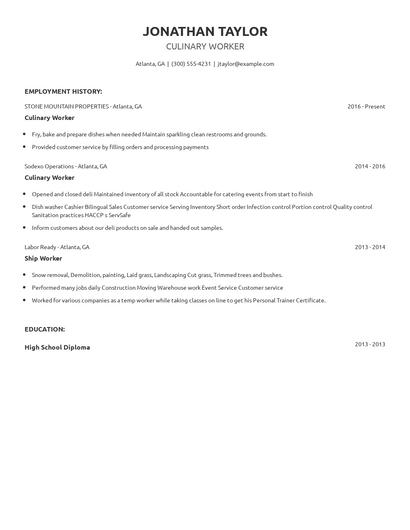 Culinary Worker Resume