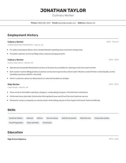 Culinary Worker Resume