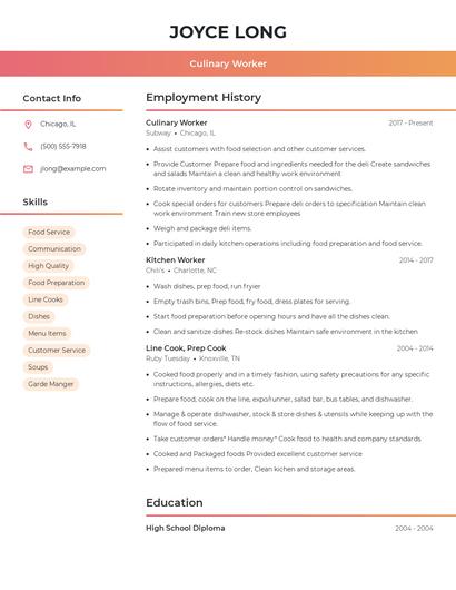 Culinary Worker Resume