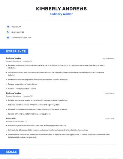 Culinary Worker Resume
