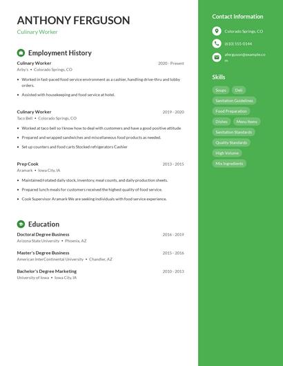 Culinary Worker Resume