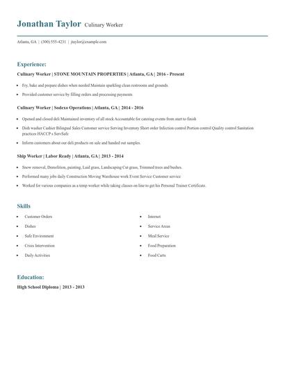 Culinary Worker Resume