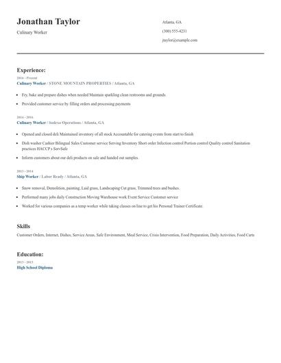 Culinary Worker Resume