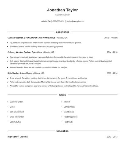 Culinary Worker Resume