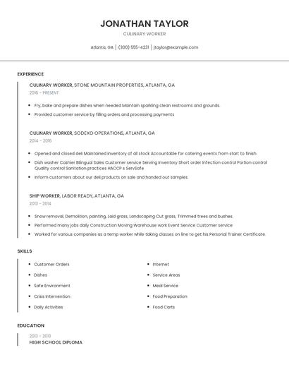 Culinary Worker Resume