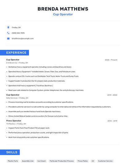Cup Operator Resume
