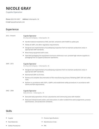 Cupola Operator Resume