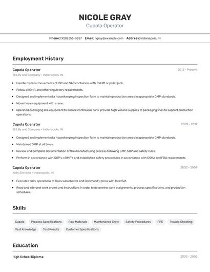 Cupola Operator Resume