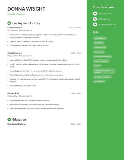 Cupola Operator Resume