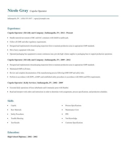 Cupola Operator Resume
