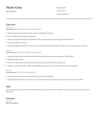 Cupola Operator Resume