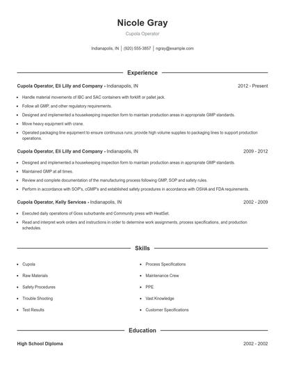 Cupola Operator Resume