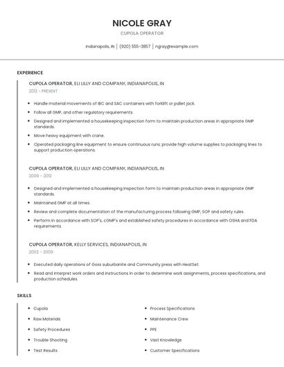 Cupola Operator Resume