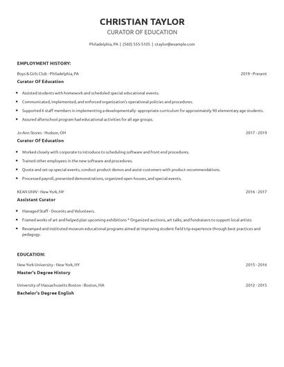 Curator Of Education Resume