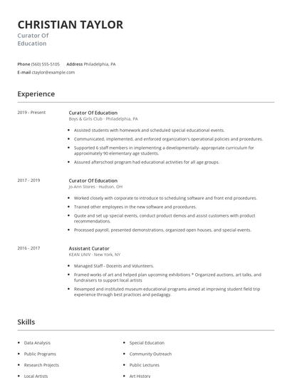 Curator Of Education Resume