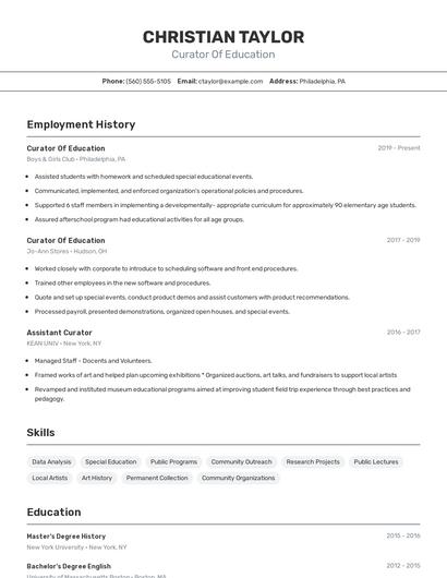 Curator Of Education Resume