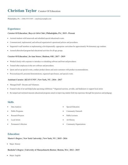 Curator Of Education Resume