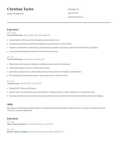 Curator Of Education Resume