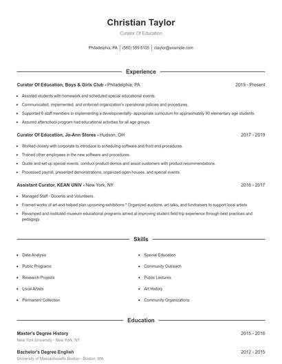 Curator Of Education Resume