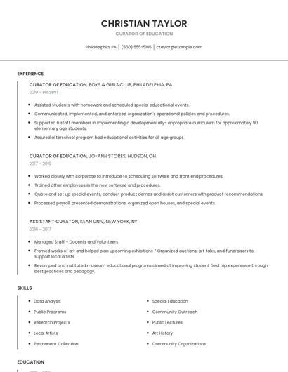 Curator Of Education Resume