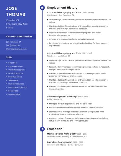 Curator Of Photography And Prints Resume