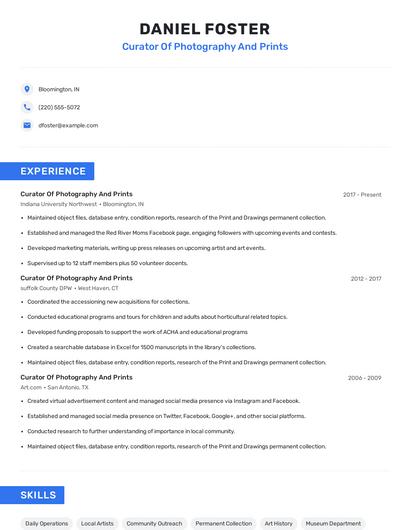 Curator Of Photography And Prints Resume