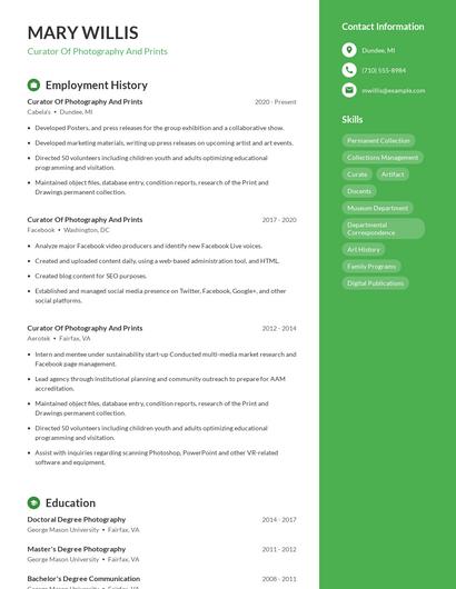Curator Of Photography And Prints Resume