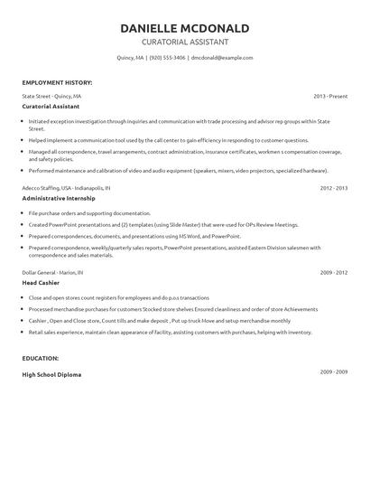 Curatorial Assistant Resume
