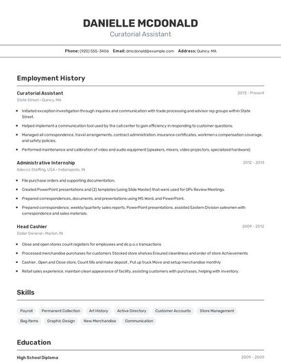 Curatorial Assistant Resume