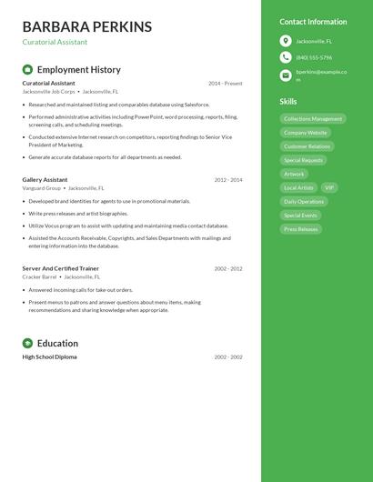 Curatorial Assistant Resume