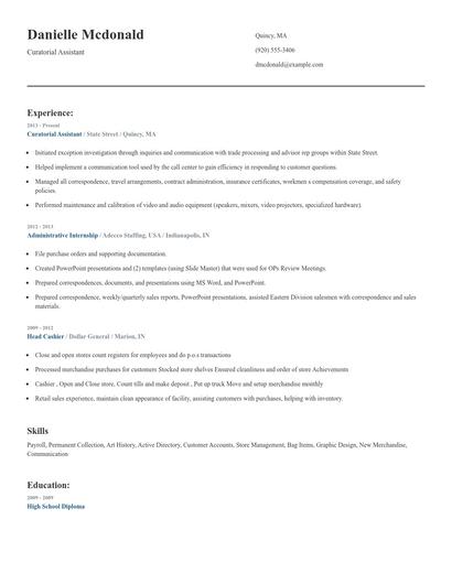 Curatorial Assistant Resume