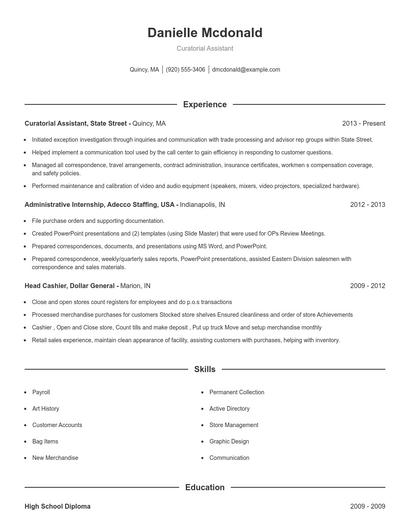 Curatorial Assistant Resume